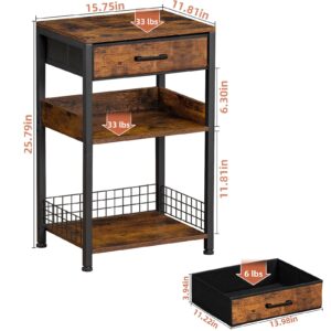 Lerliuo End Table with Fabric Drawer,3 Tier Industrial Wood Side Table with Storage,Modern Tall Printer Stand,Vintage Brown Nightstand,Rustic Bedside Tables for Living Room Bedroom Small Spaces