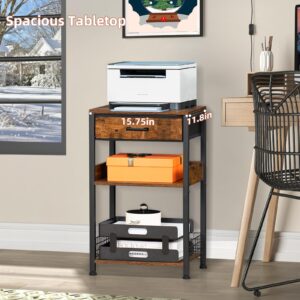 Lerliuo End Table with Fabric Drawer,3 Tier Industrial Wood Side Table with Storage,Modern Tall Printer Stand,Vintage Brown Nightstand,Rustic Bedside Tables for Living Room Bedroom Small Spaces