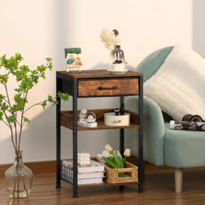 Lerliuo End Table with Fabric Drawer,3 Tier Industrial Wood Side Table with Storage,Modern Tall Printer Stand,Vintage Brown Nightstand,Rustic Bedside Tables for Living Room Bedroom Small Spaces