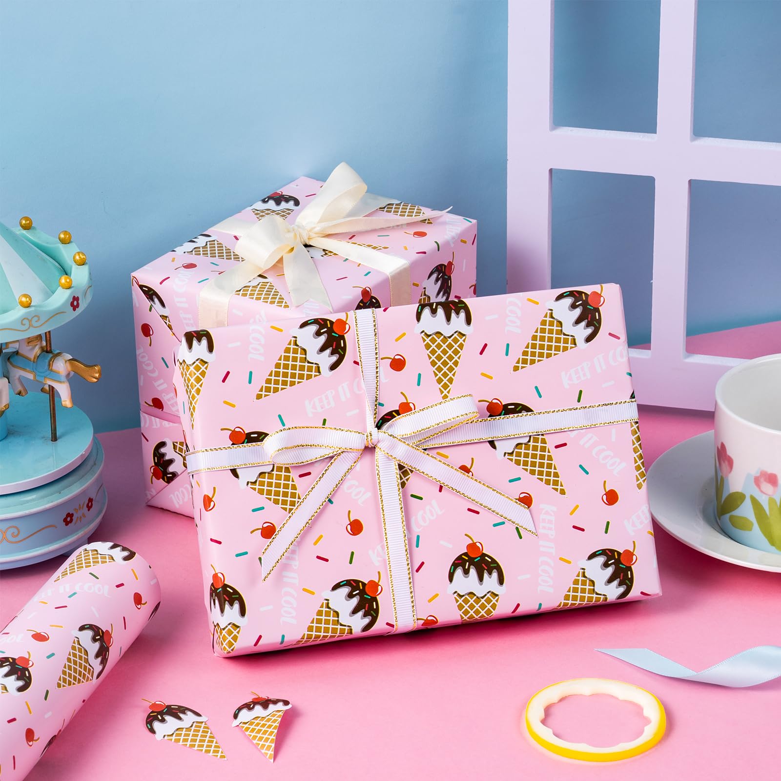 WRAPAHOLIC Reversible Wrapping Paper - Mini Roll - 17 Inch X 33 Feet - Ice-Cream Design for Birthday, Holiday, Party, Baby Shower