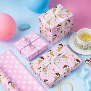 WRAPAHOLIC Reversible Wrapping Paper - Mini Roll - 17 Inch X 33 Feet - Ice-Cream Design for Birthday, Holiday, Party, Baby Shower