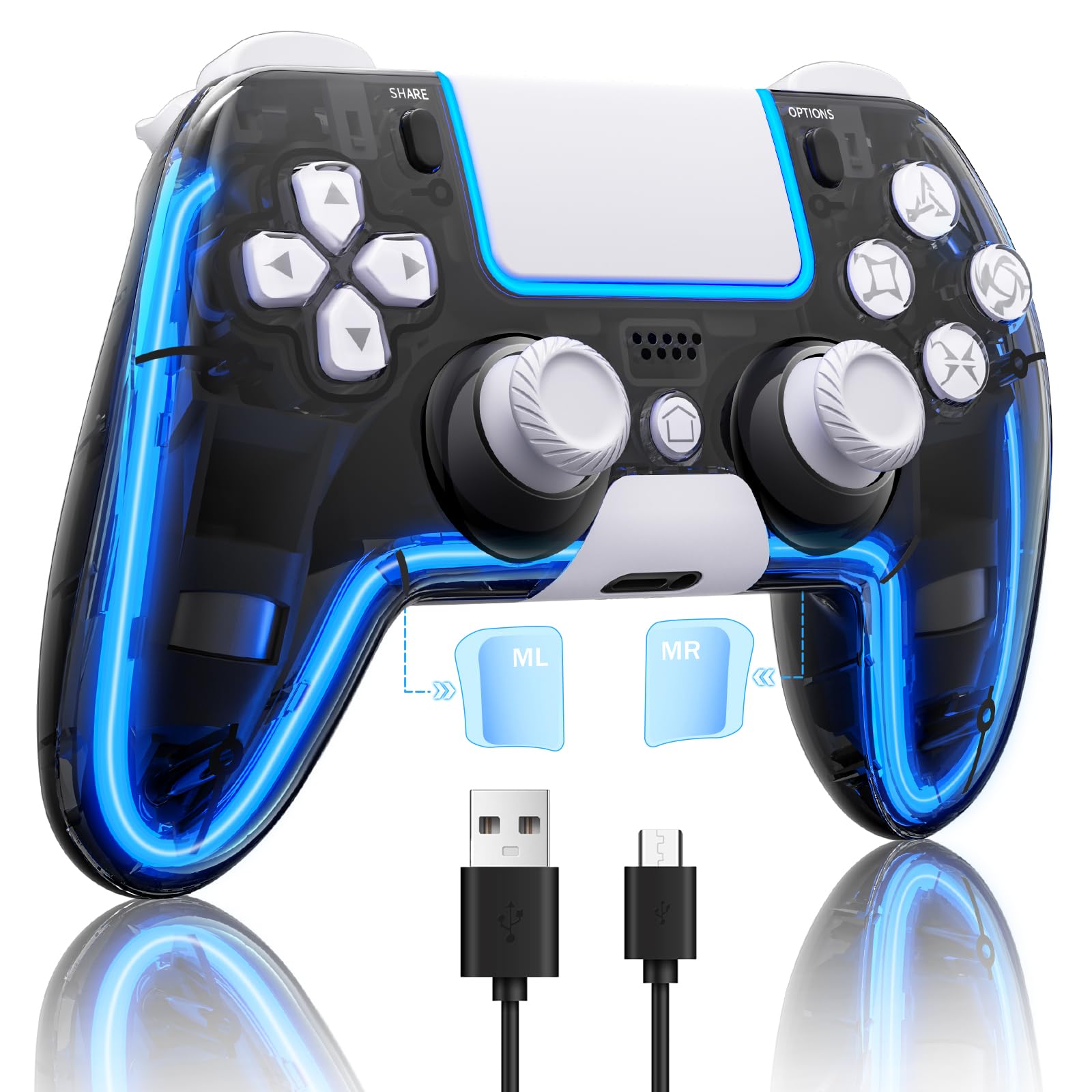 BRHE Wireless PS4Controller with Hall 3D Joysticks/RGB LED Lights/Programming Funtion,PS4Controller Remote Joystick Gamepad,Game Controller for PS4/Slim/Pro