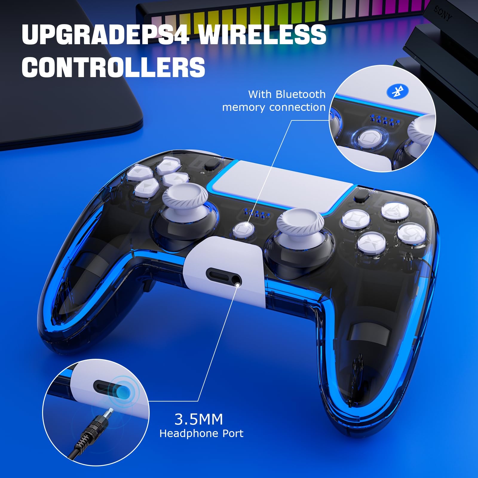 BRHE Wireless PS4Controller with Hall 3D Joysticks/RGB LED Lights/Programming Funtion,PS4Controller Remote Joystick Gamepad,Game Controller for PS4/Slim/Pro