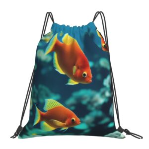 marine fish coral drawstring backpack for men and women's sports and fitness bag, large size, zippered pocket, lightweight, foldable and portable for travel