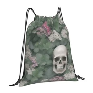 Flower And Skull Drawstring Backpack For Men And Women'S Sports And Fitness Bag, Large Size, Zippered Pocket, Lightweight, Foldable And Portable For Travel