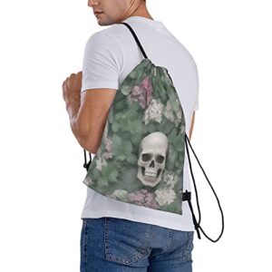 Flower And Skull Drawstring Backpack For Men And Women'S Sports And Fitness Bag, Large Size, Zippered Pocket, Lightweight, Foldable And Portable For Travel