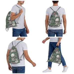 Flower And Skull Drawstring Backpack For Men And Women'S Sports And Fitness Bag, Large Size, Zippered Pocket, Lightweight, Foldable And Portable For Travel