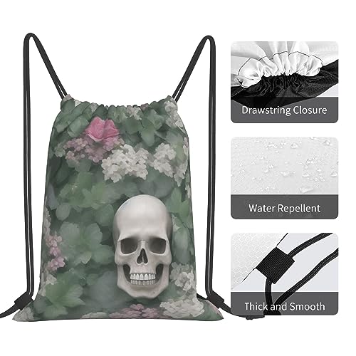 Flower And Skull Drawstring Backpack For Men And Women'S Sports And Fitness Bag, Large Size, Zippered Pocket, Lightweight, Foldable And Portable For Travel