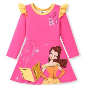 Disney Princess Dresses for Girls Belle Dress A Line Character Print Toddler Dress Toddler Girl Ruffle Long-Sleeve Fall Dress, Pink Dress 5-6 Years