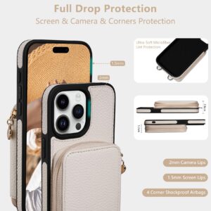 Keallce Compatible with iPhone 15 Pro Max 6.7 inch Case Wallet, Crossbody Zipper with RFID Blocking Card Slots Kickstand, Lanyard & Handstrap Flip Leather Cover for iPhone 15 Pro Max 2023, Beige