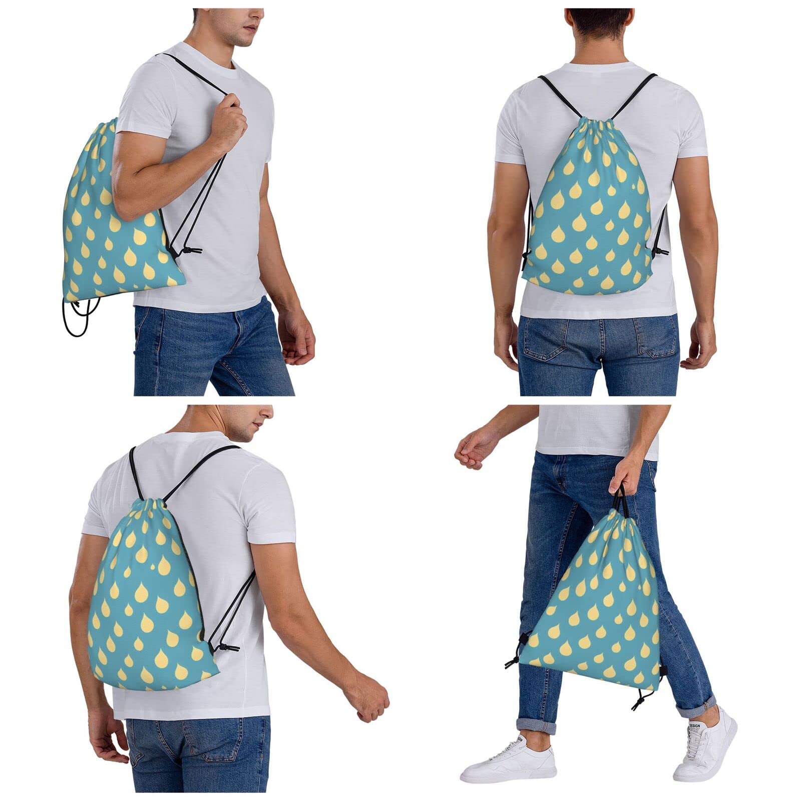 Water-Drop Printed Pattern Drawstring Backpack For Men And Women'S Sports And Fitness Bag, Large Size, Zippered Pocket, Lightweight, Foldable And Portable For Travel