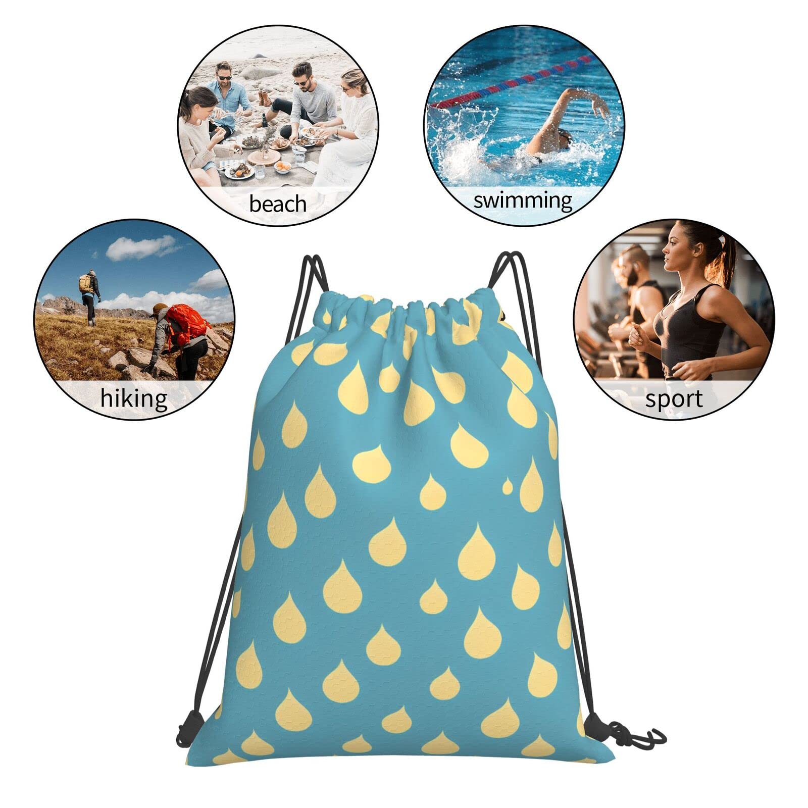 Water-Drop Printed Pattern Drawstring Backpack For Men And Women'S Sports And Fitness Bag, Large Size, Zippered Pocket, Lightweight, Foldable And Portable For Travel