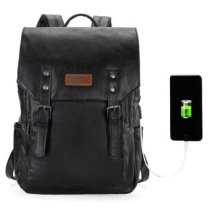 Wrangler Black PU leather Backpack for Men & Women Vintage Backpack Travel Laptop Backpack with Charging Port