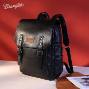 Wrangler Black PU leather Backpack for Men & Women Vintage Backpack Travel Laptop Backpack with Charging Port