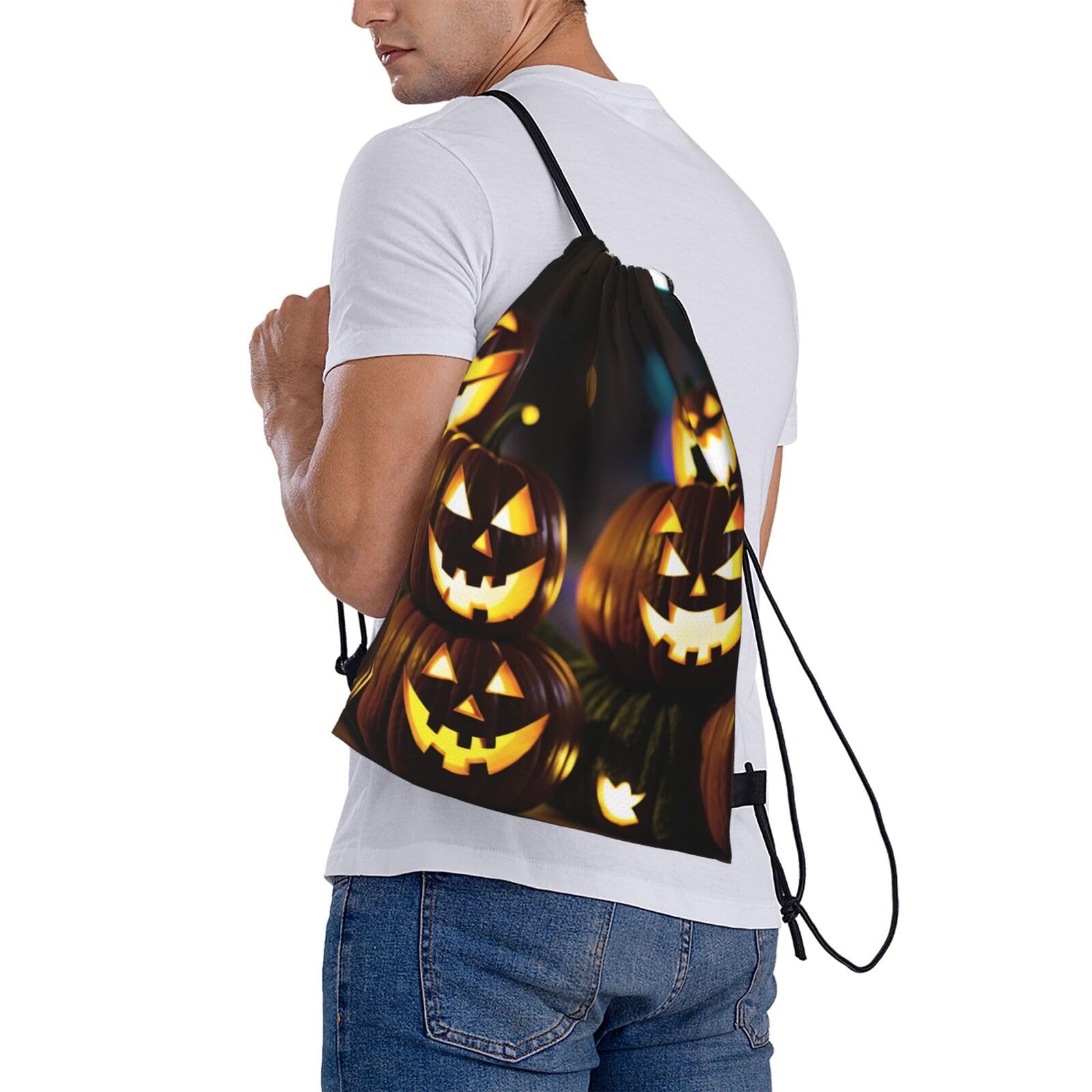 Halloween Pumpkin Drawstring Backpack For Men And Women'S Sports And Fitness Bag, Large Size, Zippered Pocket, Lightweight, Foldable And Portable For Travel