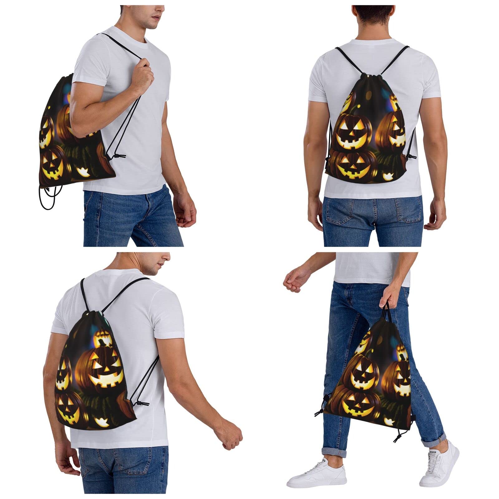 Halloween Pumpkin Drawstring Backpack For Men And Women'S Sports And Fitness Bag, Large Size, Zippered Pocket, Lightweight, Foldable And Portable For Travel