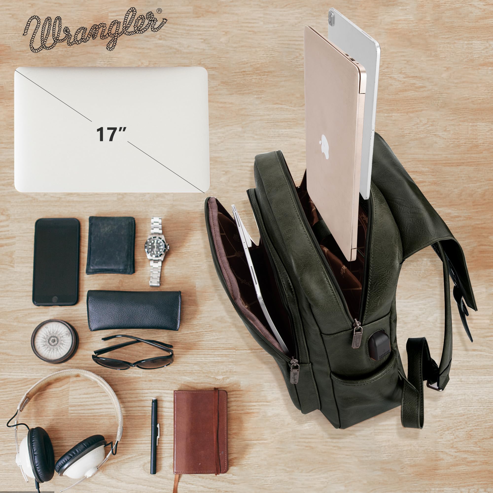 Wrangler Backpack for Women & Men Vegan Leather Travel Laptop Backpack Purse College Dark Green Backpack with USB Charging Port