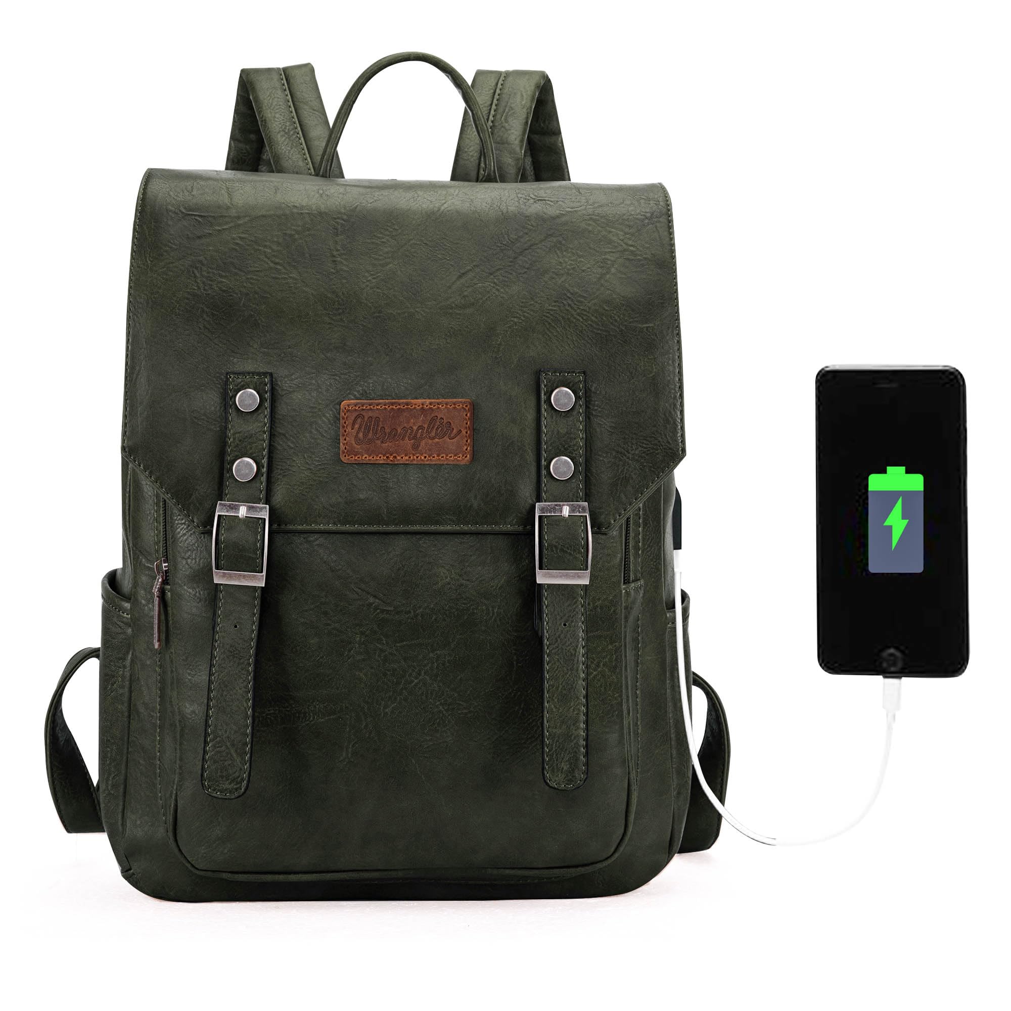 Wrangler Backpack for Women & Men Vegan Leather Travel Laptop Backpack Purse College Dark Green Backpack with USB Charging Port