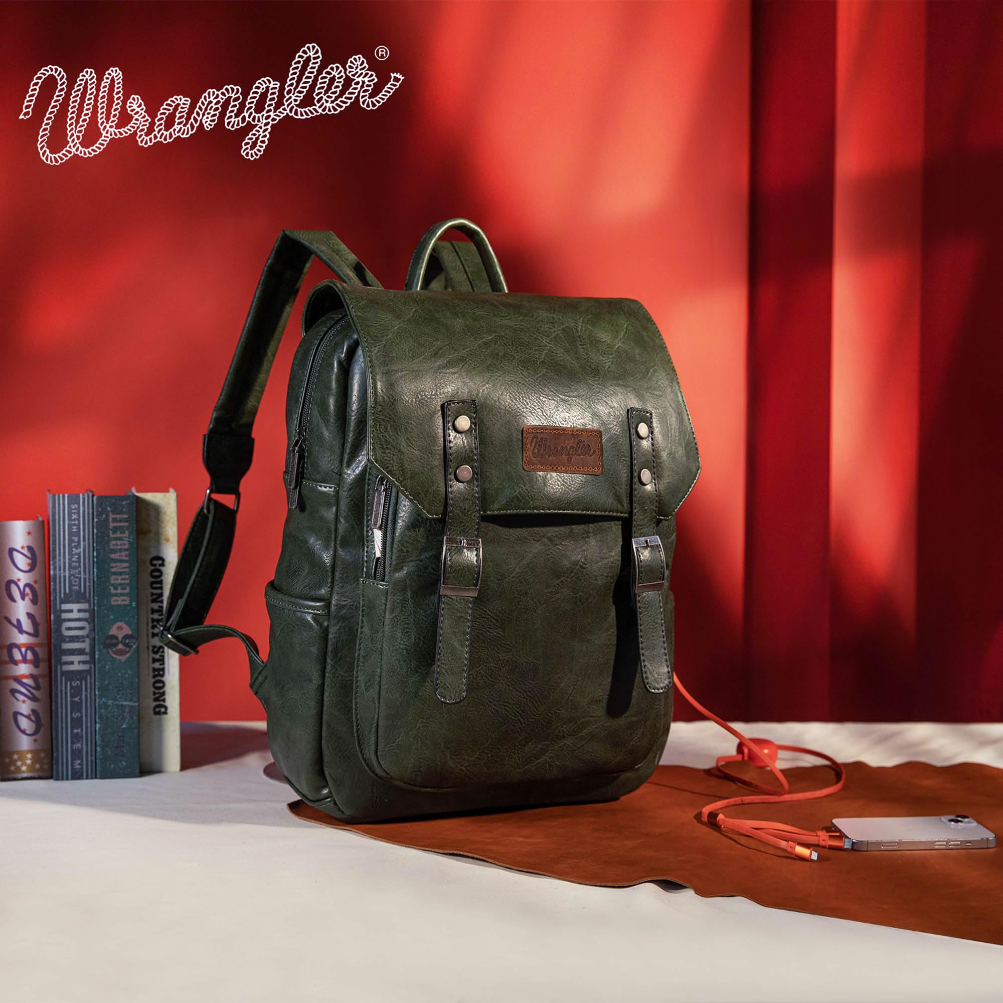 Wrangler Backpack for Women & Men Vegan Leather Travel Laptop Backpack Purse College Dark Green Backpack with USB Charging Port