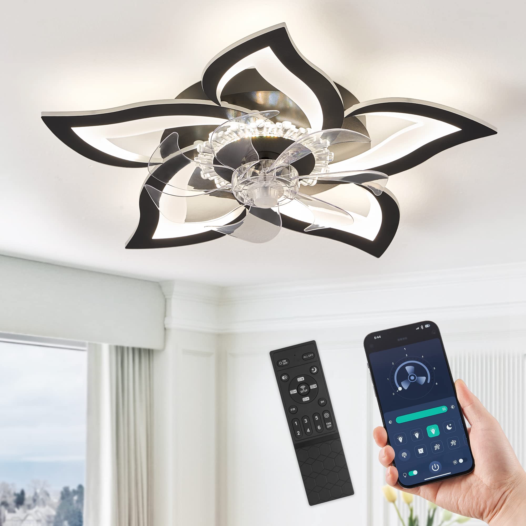 LEDIARY Flower Ceiling Fans with Lights, Small 27 Inch Modern Low Profile Ceiling Fan, Dimmable LED Ceiling Light Fixture, Flush Mount Ceiling Fans with Remote for Bedroom, Kitchen, Indoor-Black