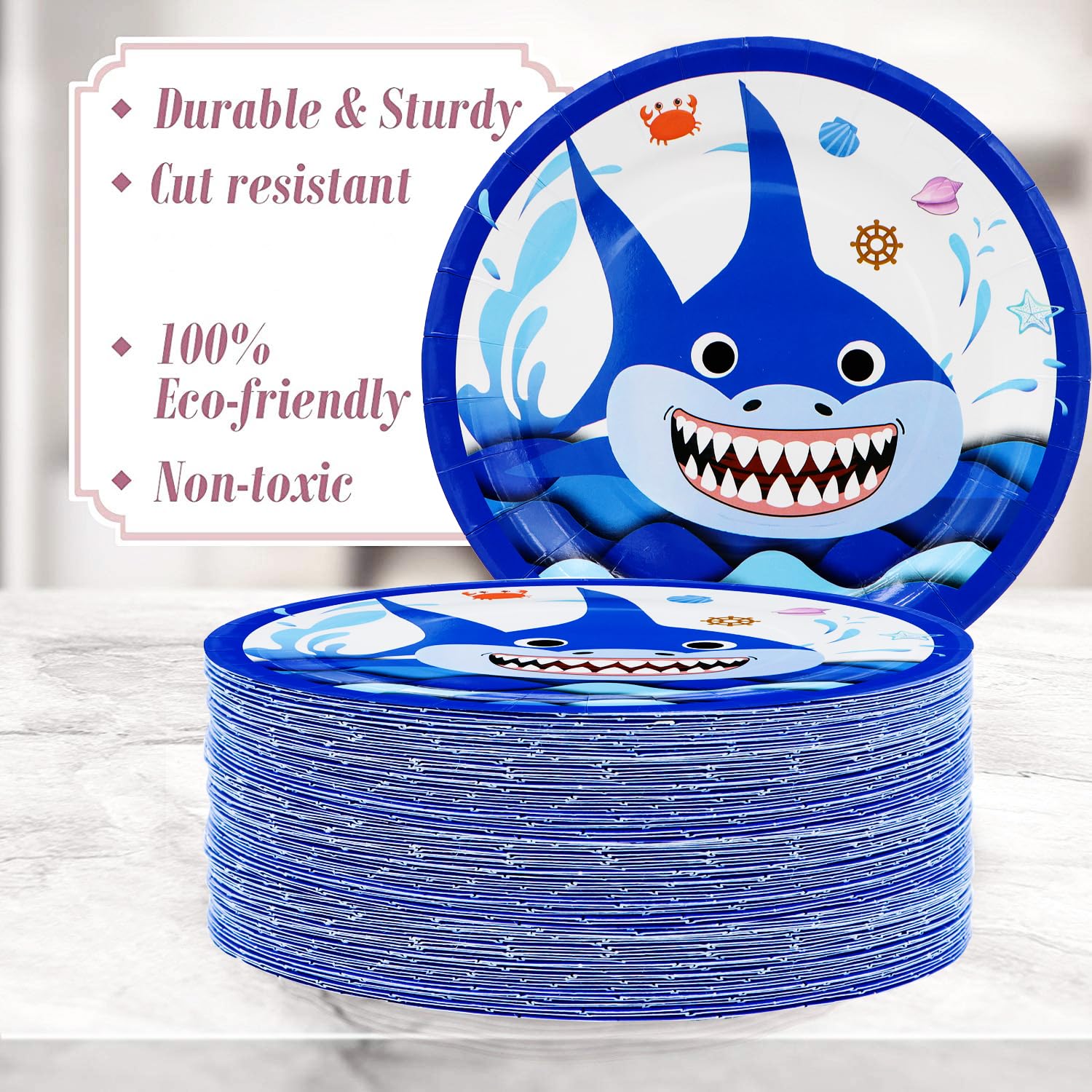 40Pcs Shark Party Supplies Blue Ocean Shark Paper Plates Blue Ocean Tableware Set 7"Ocean Animal Shark Dessert Plates for Under the Sea Themed Boy Baby Shower Blue Ocean Shark Party Decoration(Shark)