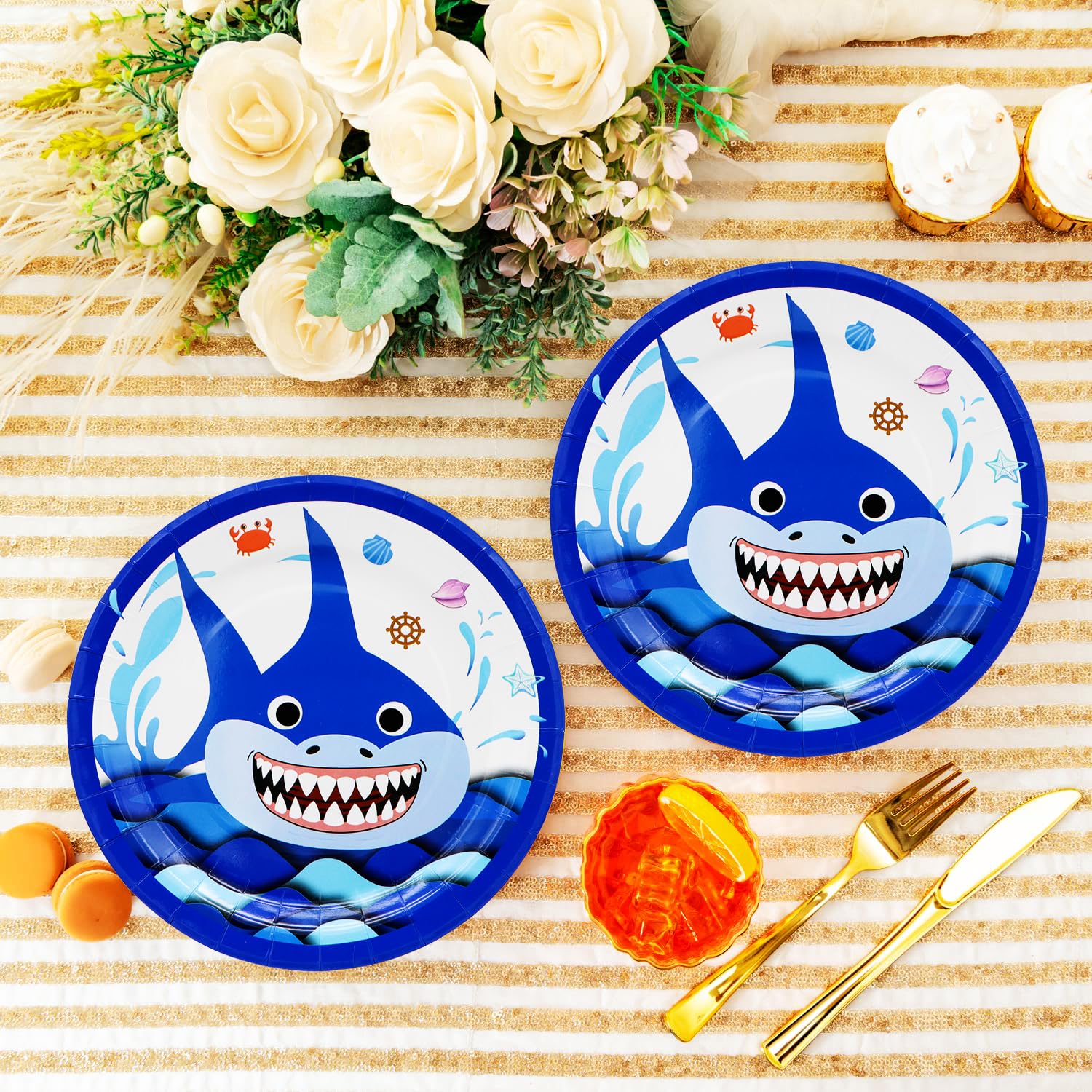 40Pcs Shark Party Supplies Blue Ocean Shark Paper Plates Blue Ocean Tableware Set 7"Ocean Animal Shark Dessert Plates for Under the Sea Themed Boy Baby Shower Blue Ocean Shark Party Decoration(Shark)