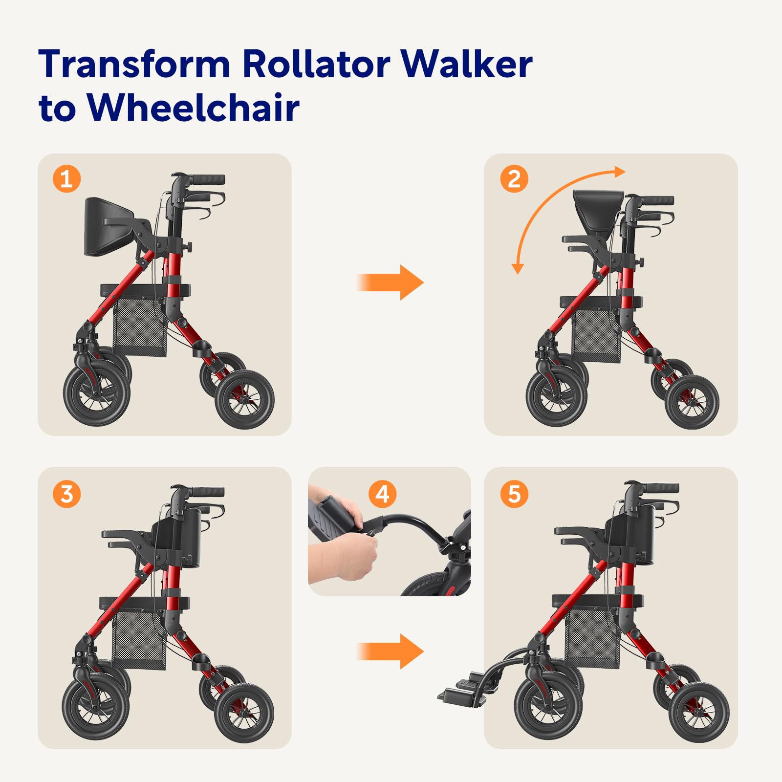 2 in 1 Walkers for Seniors with Seat, VOCIC Transformable Rollator Walker and Transport Chair, Transport Wheelchair w/Paded Seatrest, Pouch, Backrest and Footrest-Gloria Red