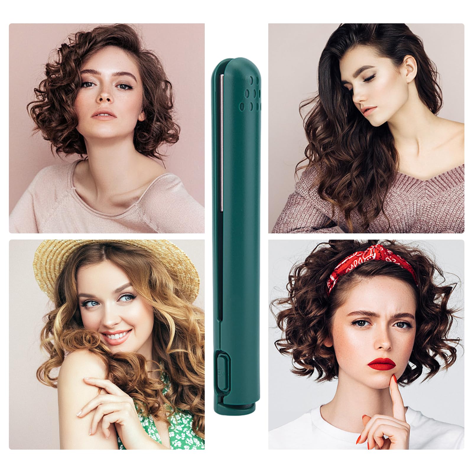 Cordless Auto Hair Curler, Mini Curling Iron, 2 in 1 Hair Straightener Flat Iron Curler Beauty Heating Curler Professional Hair Styling Tool (Green)