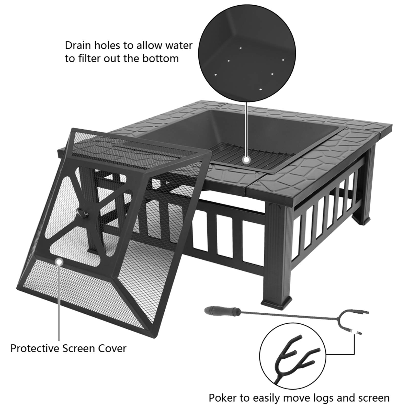 Outdoor Fire Pit Table 32 inch Fire Pits with Lid Easy to Assemble Metal Fireplace Multifunctional Square Firepit Stove for Backyard Patio Garden