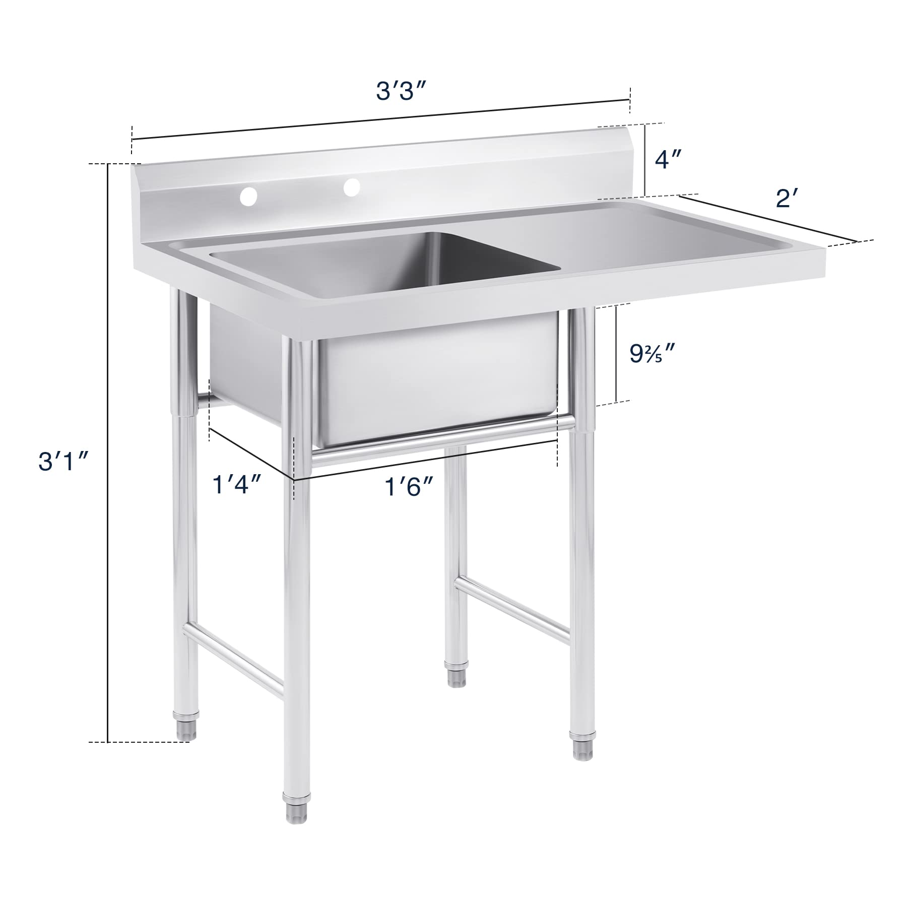 WILPREP Commercial Stainless Steel Sink, Free Standing Restaurant Sink, Kitchen Prep & Utility Sink for Home, Garage, Bar, Laundry Room (1 Compartment with Drainboard, 39" W x 17.7" D x 37.4" H)