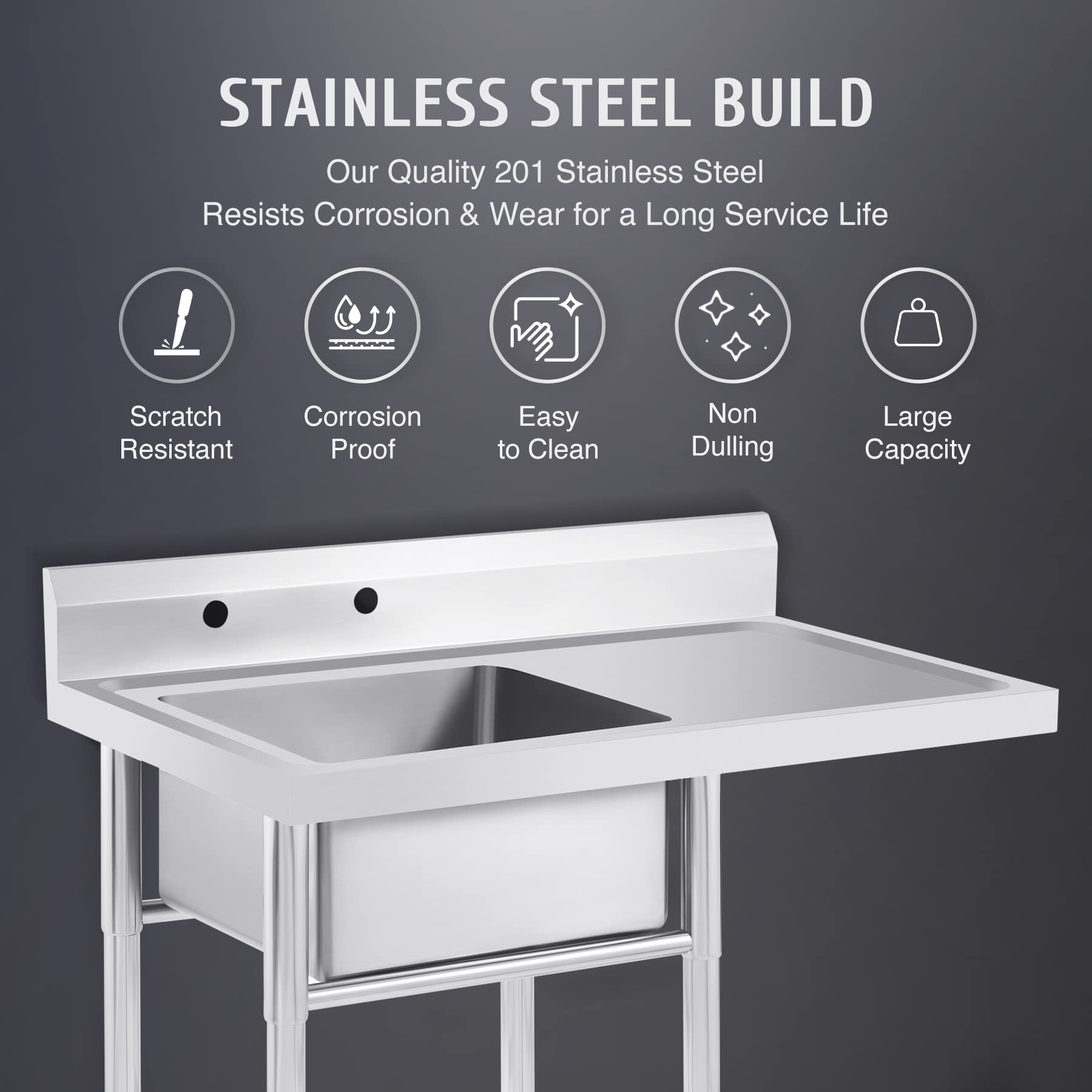 WILPREP Commercial Stainless Steel Sink, Free Standing Restaurant Sink, Kitchen Prep & Utility Sink for Home, Garage, Bar, Laundry Room (1 Compartment with Drainboard, 39" W x 17.7" D x 37.4" H)