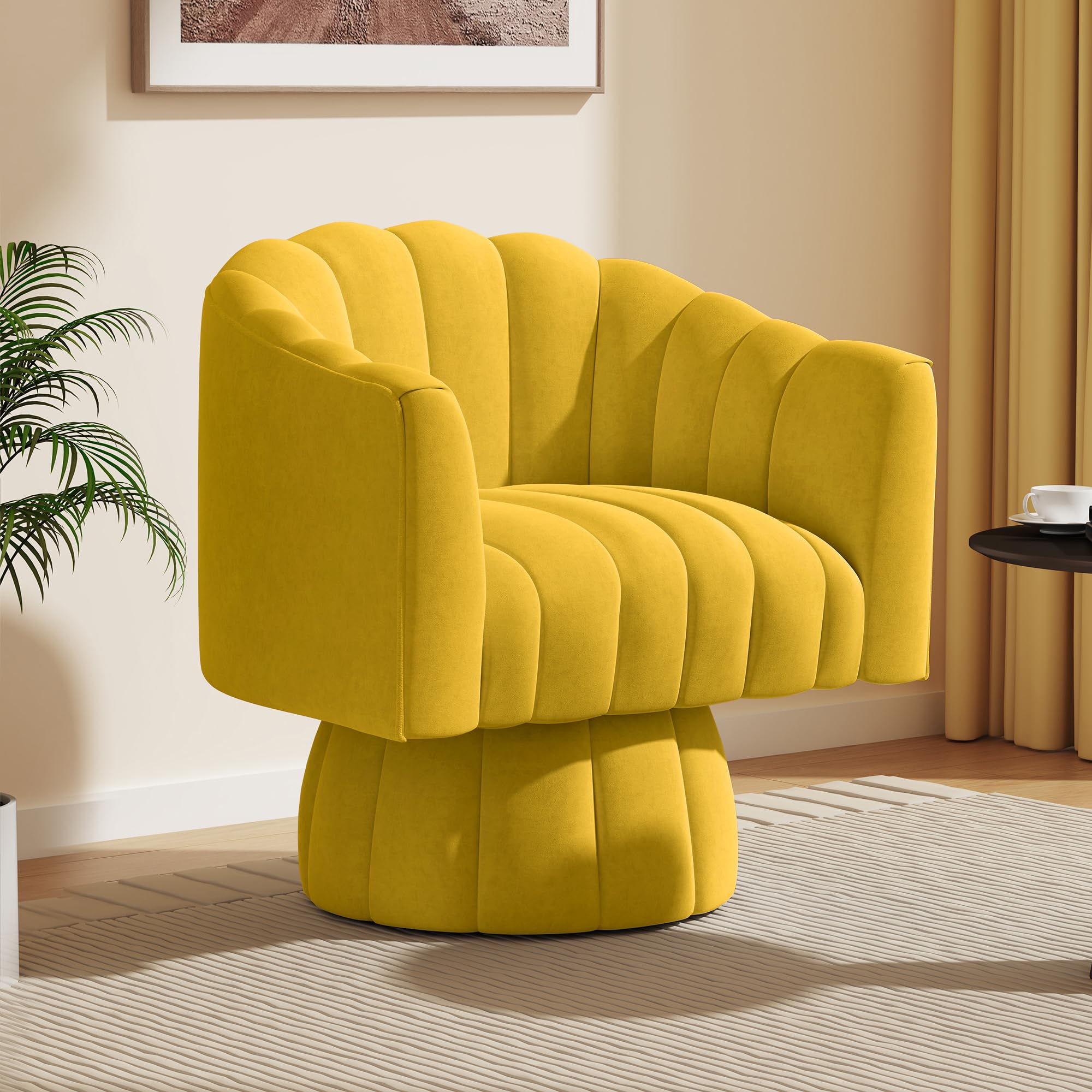 Accent Chair Mid Century 360 Degree Swivel Chair,Modern Lounge Sofa Round Barrel Chair with Wide Upholstered,Fluffy Velvet Fabric Chairs for Home Sofa Living Room/Bedroom/Waiting Room(Yellow)