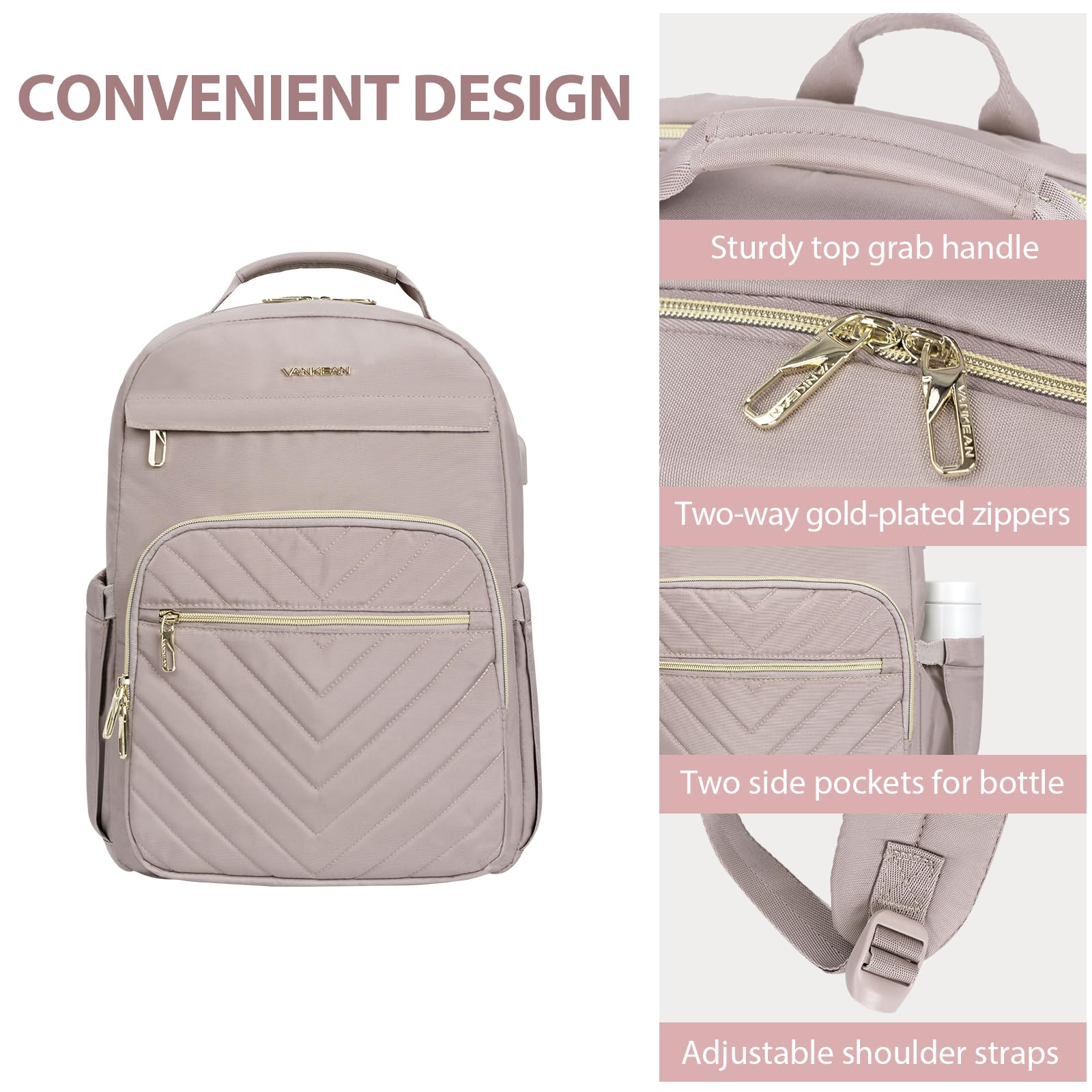 VANKEAN 17.3 Inch Laptop Backpack for Women Work Laptop Bag Fashion with USB Port, Waterproof Backpacks Stylish Travel Bags Casual Daypacks for College, Business, Light Dusty Pink