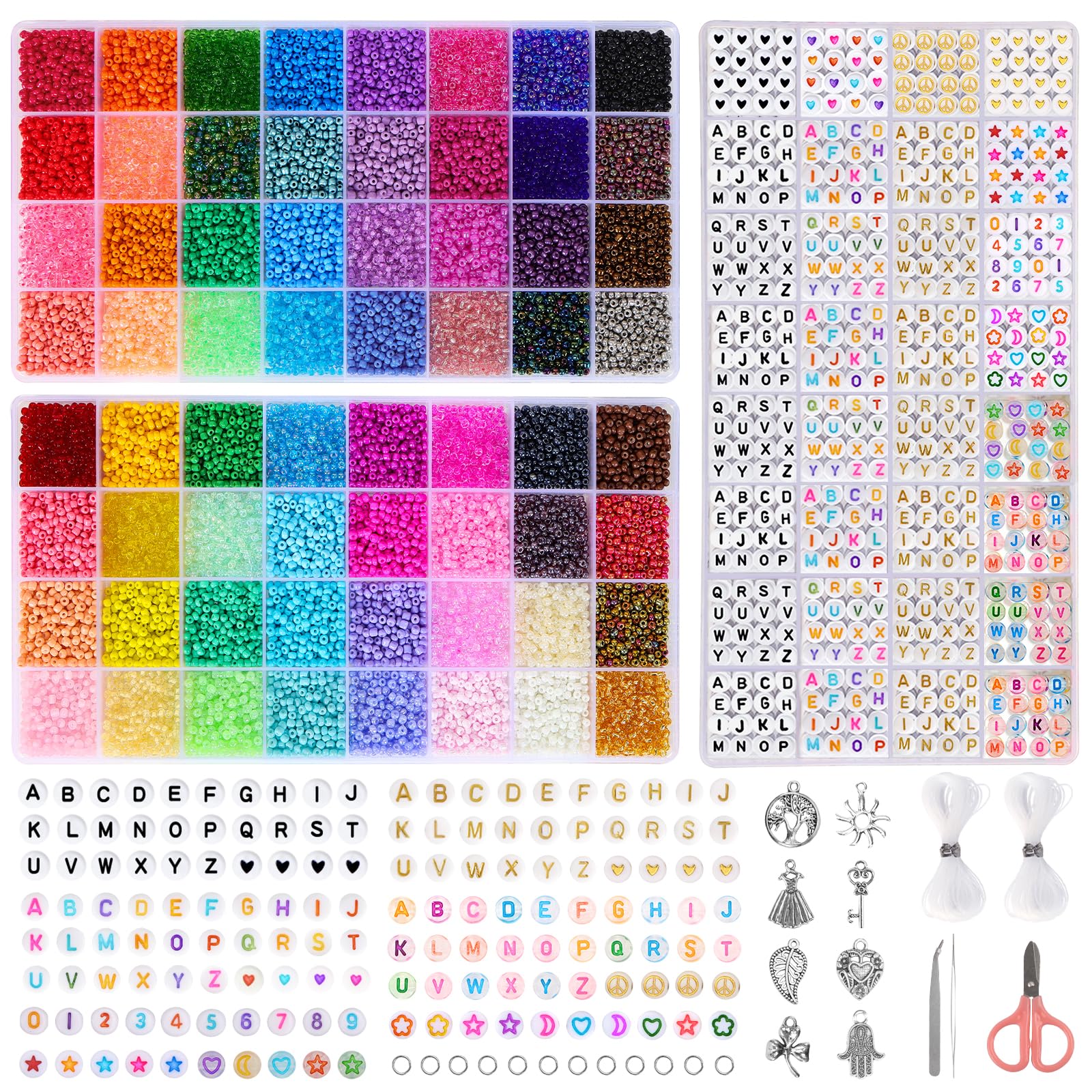 QUEFE Craft Beads Kit 21440pcs 3mm Glass Seed Beads and 960pcs Letter Beads for Friendship Bracelets Jewelry Making Necklaces and Key Chains with 2 Rolls of Crystal String, DIY Art Craft Gifts