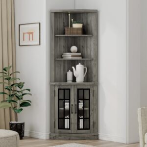 AMERLIFE Curved Corner Storage Cabinet, 65" Tall Freestanding Bookcase with Glass Doors & Adjustable Shelves, 5-Tier Corner Display Cabinet for Living Room, Bathroom, Laundry Room, Washed grey