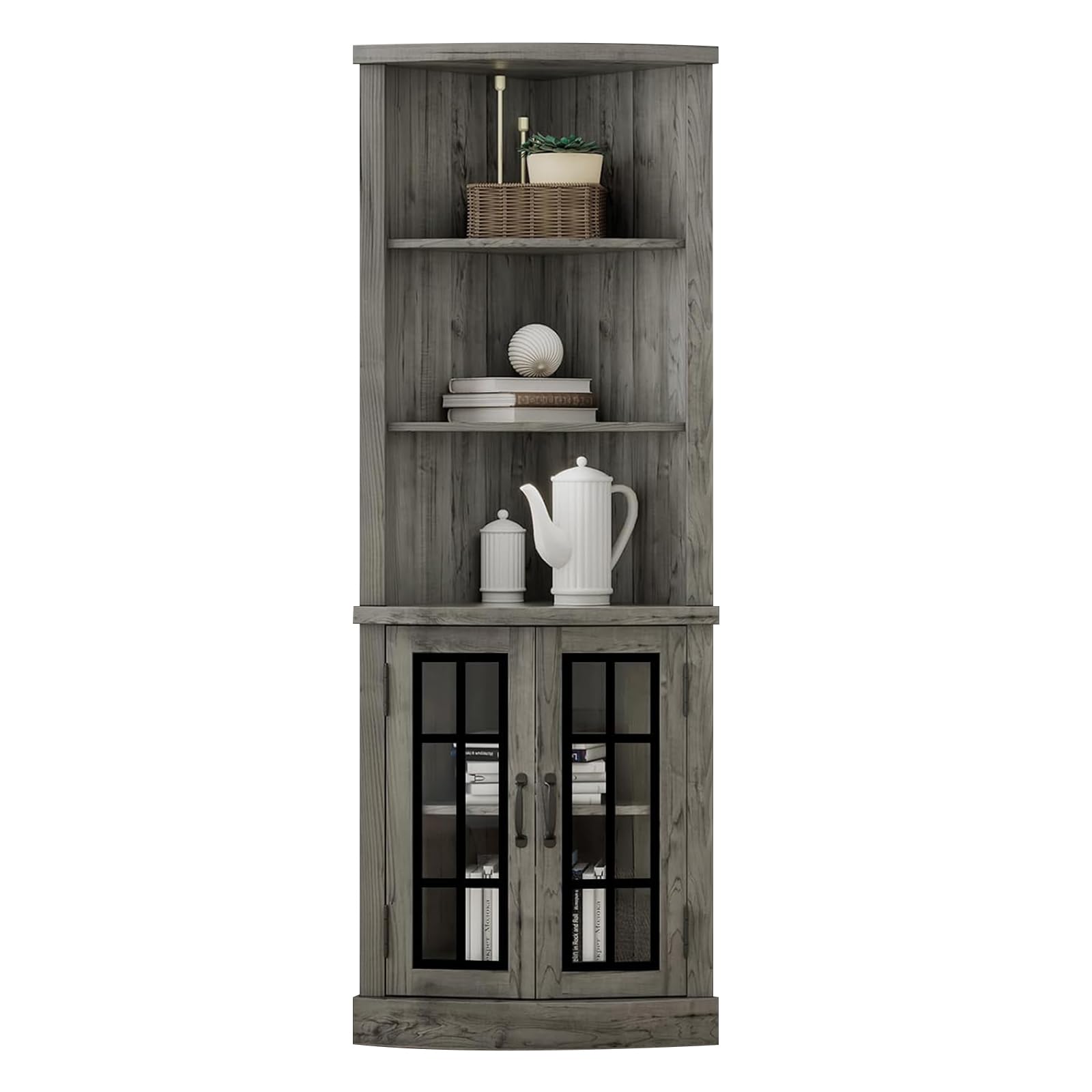 AMERLIFE Curved Corner Storage Cabinet, 65" Tall Freestanding Bookcase with Glass Doors & Adjustable Shelves, 5-Tier Corner Display Cabinet for Living Room, Bathroom, Laundry Room, Washed grey