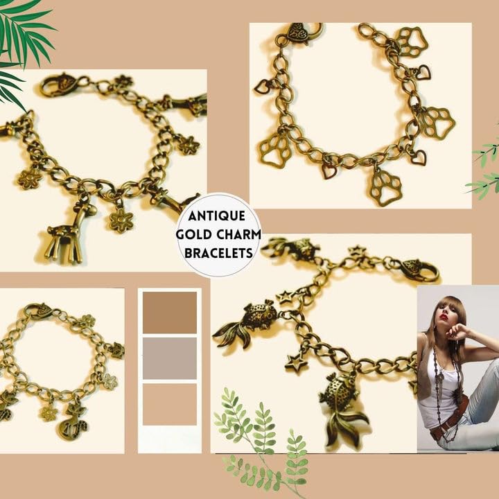 Paw Print Antique Gold Brass Charm Bracelet, Boho Charm Bracelet