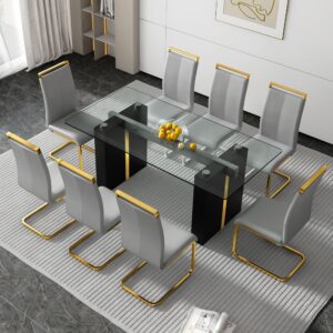 71 in Glass Dining Table Set for 8, Modern Tempered Glass Table Top with MDF Frame & 8 Leather Ergonomic Chairs, Kitchen Table and Chairs for 8