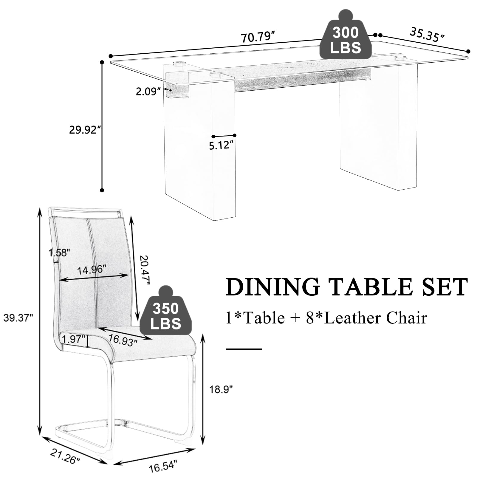 71 in Glass Dining Table Set for 8, Modern Tempered Glass Table Top with MDF Frame & 8 Leather Ergonomic Chairs, Kitchen Table and Chairs for 8