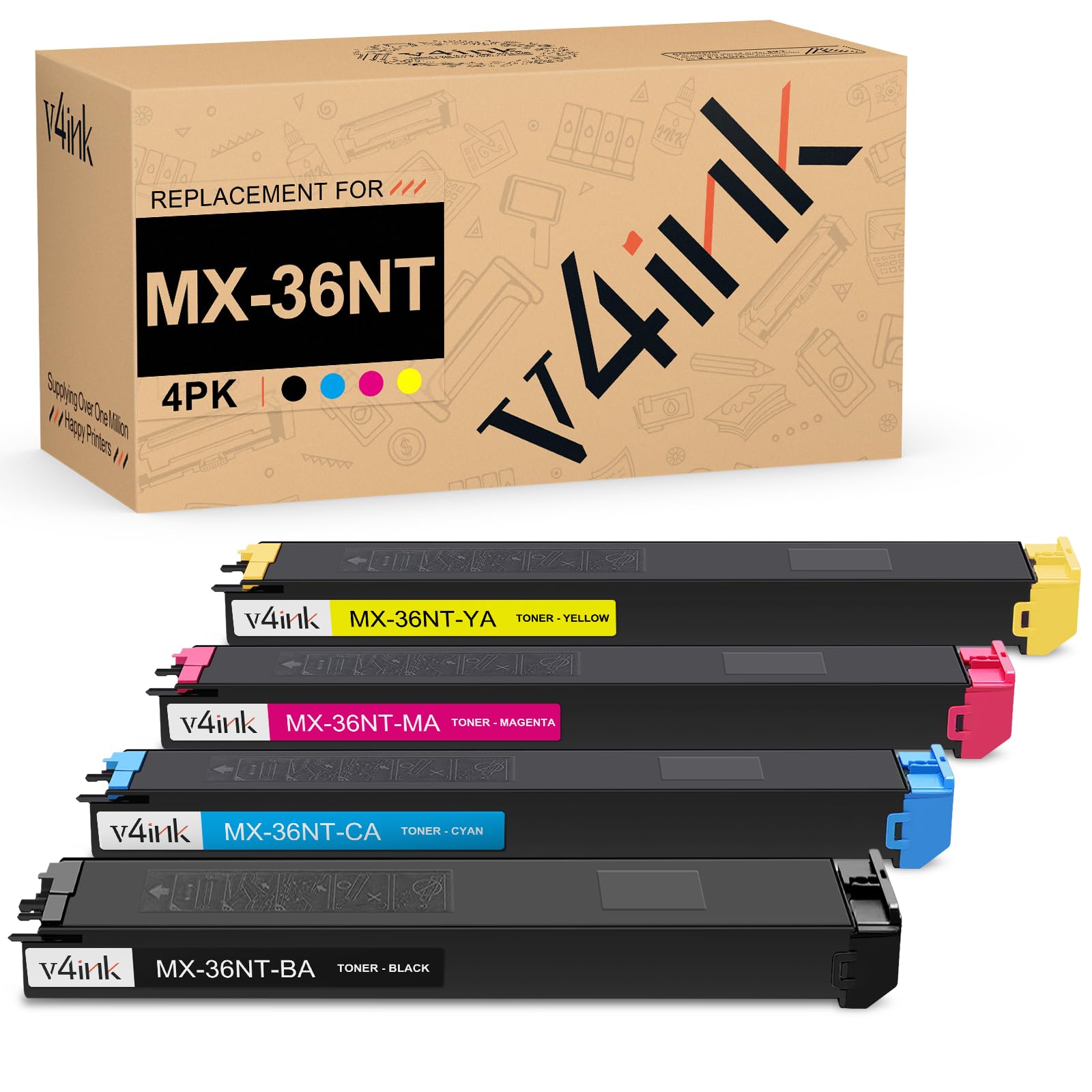 v4ink MX-36NT High Yield Compatible Toner Replacement for Sharp MX-36NT MX-36NTBA MX-36NTCA MX-36NTMA MX-36NTYA for MX-2610N 2615N 2640N 3110N 3140N 2615NC 2648NC Printer Toner Cartridges Set, 4-Pack