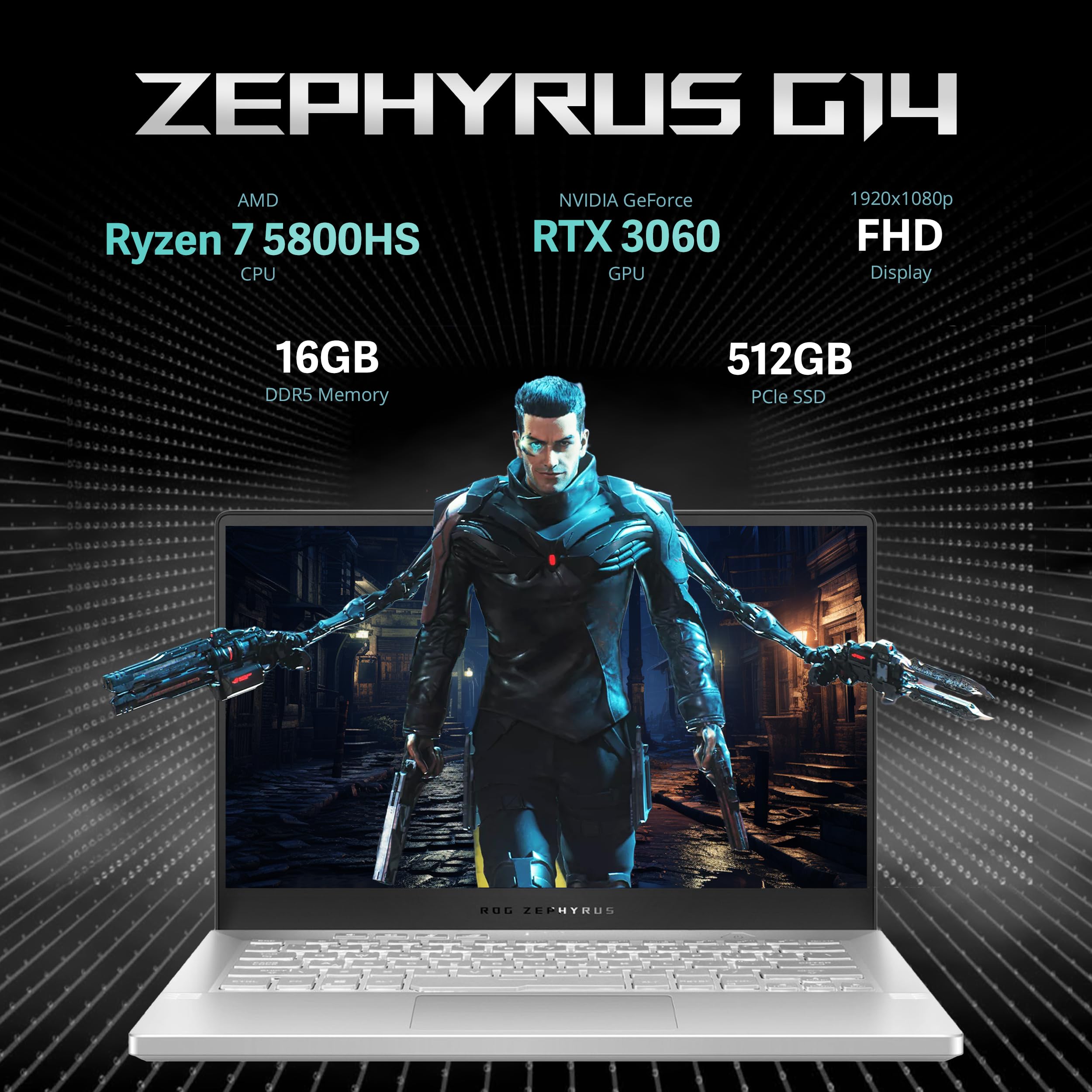 Asus 2022 ROG Zephyrus G14 14'' FHD 144Hz Gaming Laptop, AMD Ryzen 7-5800HS, NVIDIA GeForce RTX 3060 6G Graphics, 16GB RAM, 512GB PCIe SSD, Backlit Keyboard, Win 11 Pro, White, 32GB USB Card