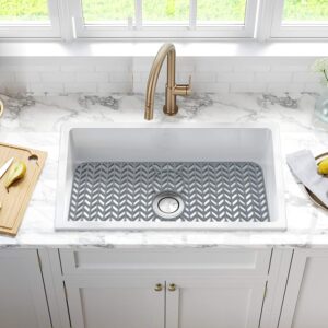 GUUKIN Sink Protectors for Kitchen Sink - 29"x 15.35" Silicone Kitchen Sink Mat Grid for Bottom of Farmhouse Stainless Steel Porcelain Sink with 3 Reserved Holes（Grey）