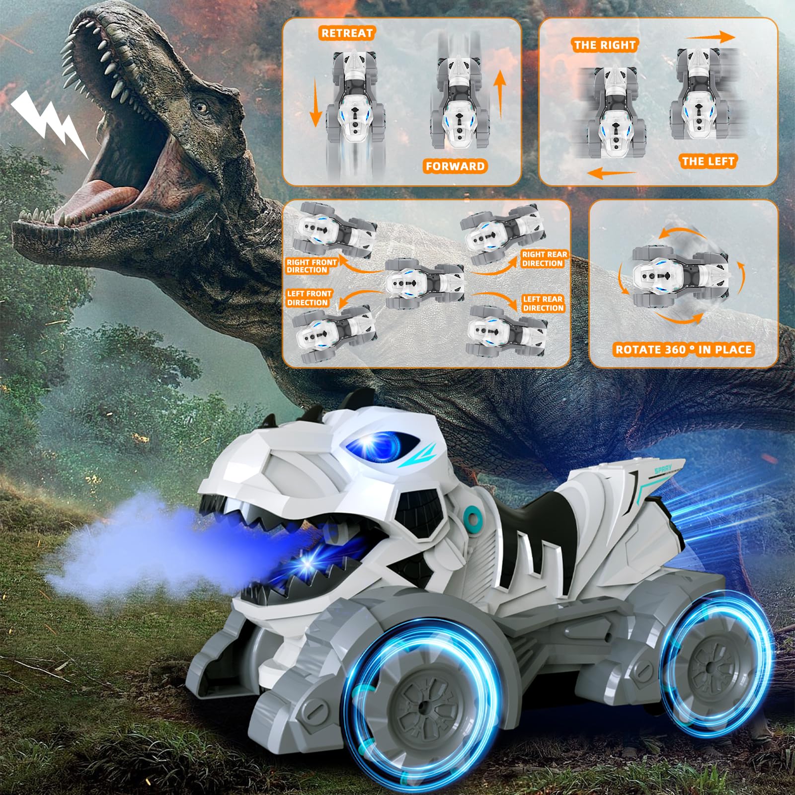 Remote Control Cars Dinosaur Trucks, 2.4 GHz Rechargeable RC Cars Dinosaur Toys for Boys Kids Age 4-7 8-12 With Light Sound Spray, 360°Rotation Drift 1:14 RC Dino Monster Truck, Gifts for Boys (White)