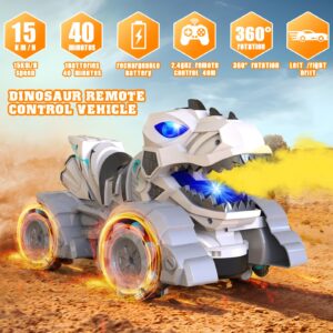 Remote Control Cars Dinosaur Trucks, 2.4 GHz Rechargeable RC Cars Dinosaur Toys for Boys Kids Age 4-7 8-12 With Light Sound Spray, 360°Rotation Drift 1:14 RC Dino Monster Truck, Gifts for Boys (White)