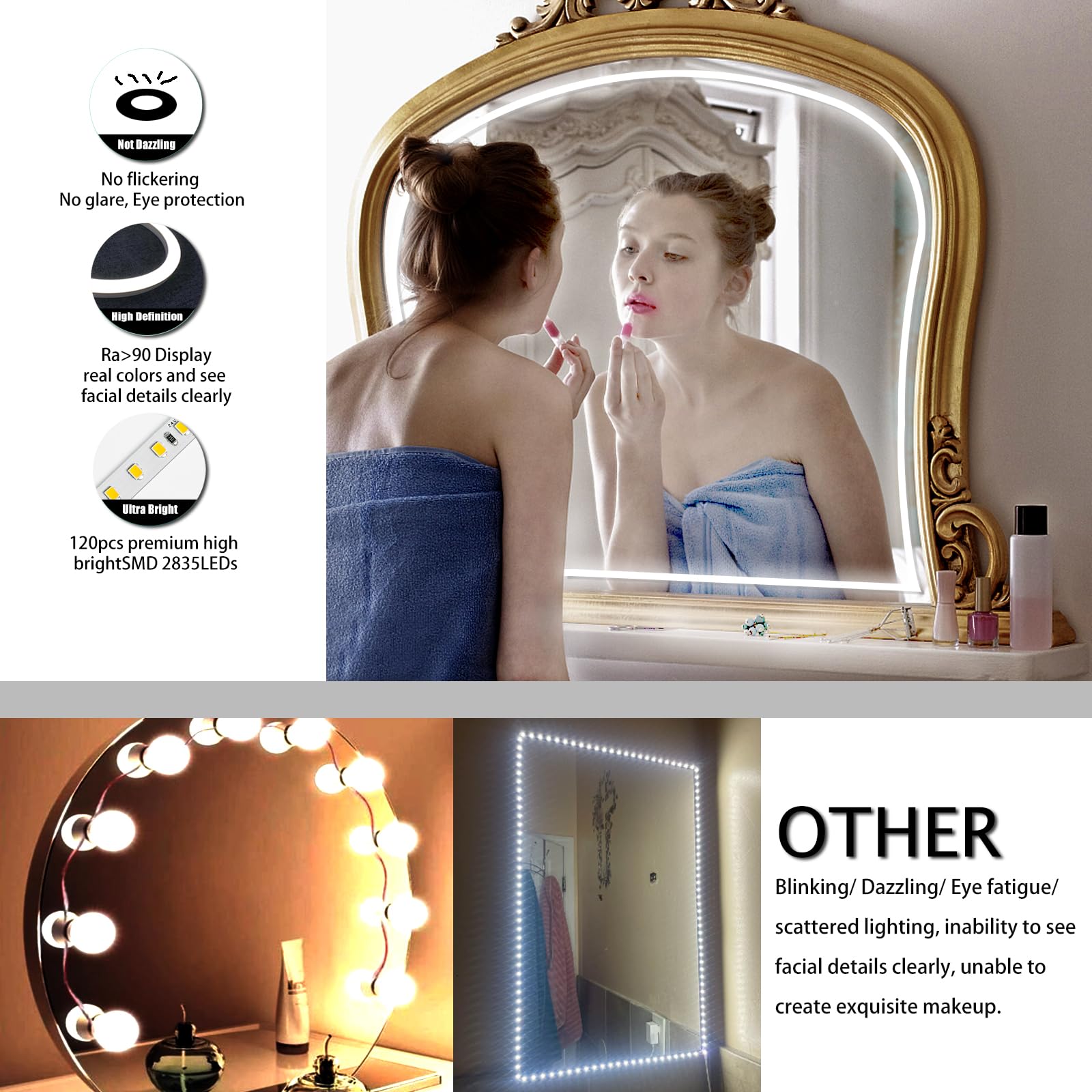 Blikshin LED Vanity Mirror Lights, Hollywood Style Makeup Lights, 10FT/6000K/Dimmable/12V Adapter/Self-Adhesive Strip Lights for Mirror, Lighting for Makeup Vanity Table & Bathroom Mirror