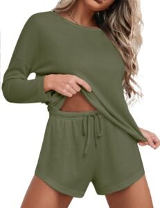 ekouaer womens waffle knit pajama sets long sleeve top and shorts matching lounge set sleepwear loungewear sweatsuit with pockets army green medium