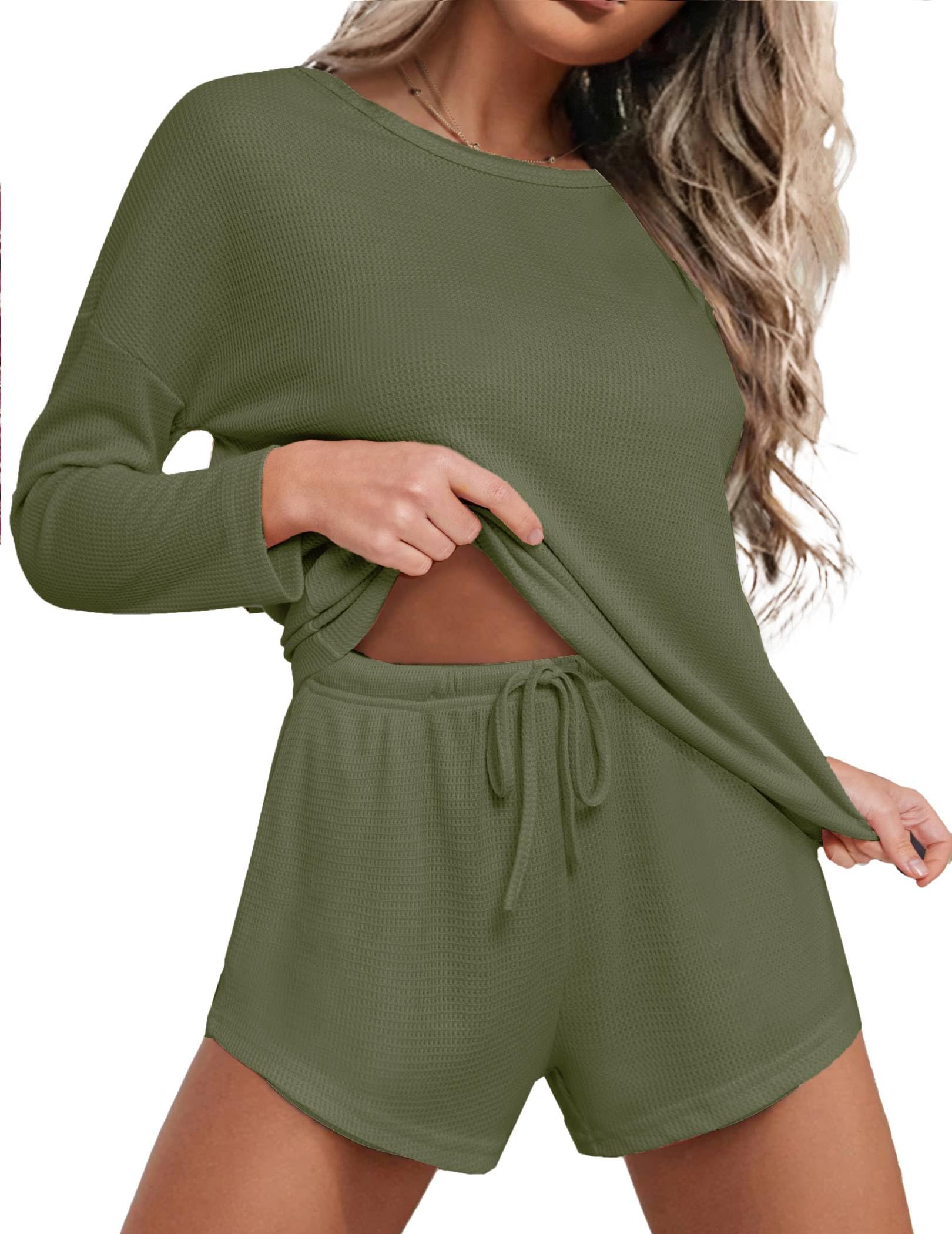 Ekouaer Womens Waffle Knit Pajama Sets Long Sleeve Top and Shorts Matching Lounge Set Sleepwear Loungewear Sweatsuit with Pockets Army Green Medium