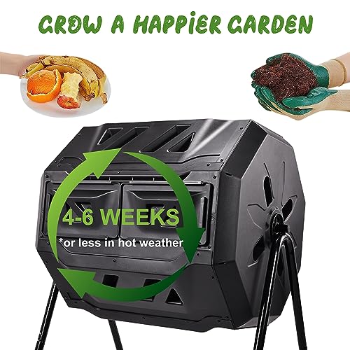 Elevon Outdoor Tumbling Composter Dual Rotating Batch Compost Bin, 43 Gallon, Black