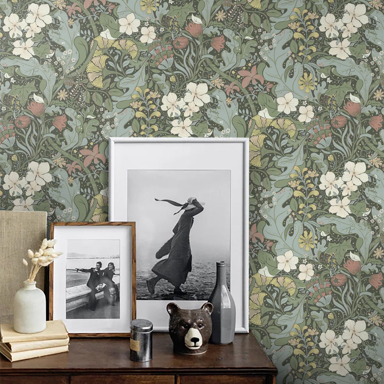 HeloHo Peel and Stick Wallpaper Green Floral Wallpaper for Bedroom Self Adhesive Removable Wallpaper Waterproof Contact Paper for Living Room Bedroom Decor 16.1" X 78.7"