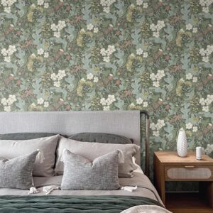 HeloHo Peel and Stick Wallpaper Green Floral Wallpaper for Bedroom Self Adhesive Removable Wallpaper Waterproof Contact Paper for Living Room Bedroom Decor 16.1" X 78.7"